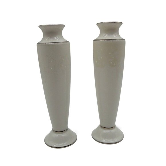 LENOX Opal Innocence Wedding Promises Bud Vase Duo Vintage 8" Tall - Picture 2 of 10